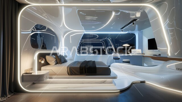 Futuristic bedroom with black and white design, apartment with modern and attractive designs, distinctive modern decor, sophisticated and luxurious home furniture, residential apartments and villas in the Kingdom of Saudi Arabia, architecture and decoration arts