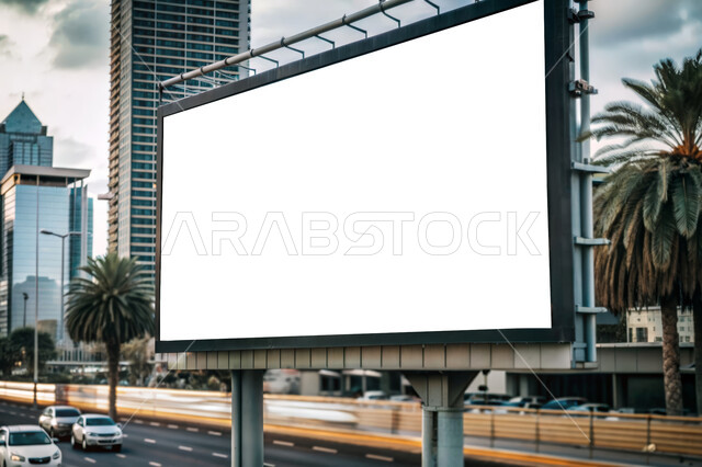 اللوحات الإعلانية الحديثة المعلقة في الطرقات, لافتة بيضاء فارغة في شارع الملك فهد في مدينة الرياض, إعلانات وعروض تسويقية في المملكة العربية السعودية, خلفية المباني والأبراج وناطحات السحاب