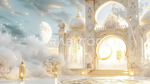 الإحتفال والاستعداد لاستقبال شهر الخير، ديكورات وأنوار اسلامية، أجواء رمضانية روحانية، فوانيس عربية تقليدية معدنية مزخرفة مضيئة، هلال وإضاءة وزينة شهر رمضان المبارك، تحف رمضانية ثلاثية الأبعاد