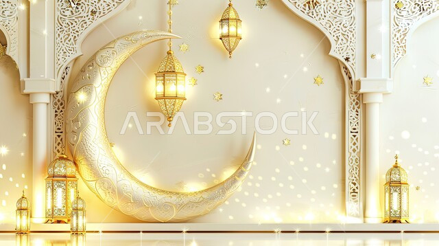 ديكورات وانوار اسلامية ،الإحتفال والاستعداد لاستقبال شهر الخير، أجواء رمضانية روحانية، فوانيس عربية تقليدية معدنية مزخرفة مضيئة، هلال وإضاءة وزينة شهر رمضان المبارك، تحف رمضانية ثلاثية الأبعاد