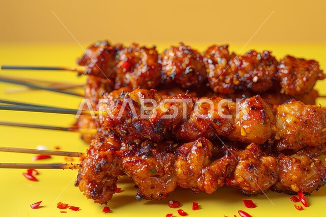 أطعمة ذات قيمة غذائية عالية ، المأكولات العربية الشرقية , صورة مقربة لأسياخ الكباب المشوي ، وجبات اللحم الضأن الشهية الساخنة , خلفية صفراء
