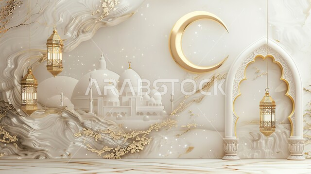 الإحتفال والاستعداد لاستقبال شهر الخير، ديكورات وأنوار اسلامية، أجواء رمضانية روحانية، فوانيس عربية تقليدية معدنية مزخرفة مضيئة، هلال وإضاءة وزينة شهر رمضان المبارك، تحف رمضانية ثلاثية الأبعاد، خلفية بيضاء