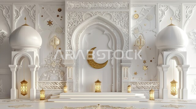 تحف رمضانية ثلاثية الأبعاد ،الإحتفال والاستعداد لاستقبال شهر الخير، ديكورات وأنوار اسلامية، أجواء رمضانية روحانية، فوانيس عربية تقليدية معدنية مزخرفة مضيئة، هلال وإضاءة وزينة شهر رمضان المبارك، تحف رمضانية ثلاثية الأبعاد