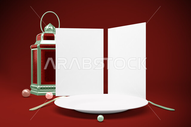 كرم الضيافة وحسن الاستقبال في العيد، أجواء الاحتفال بالأعياد في السعودية، صحن أبيض فارغ عليه موك اب مستطيل ابيض بجانب فانوس معدني، الطبق الرئيسي لمائدة الافطار في رمضان، زينة وفوانيس المناسبات الإسلامية والدينية، خلفية حمراء 