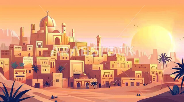 رسوم توضيحية لقرية قديمة في الصحراء عند غروب الشمس ، رسم كاريكاتوري للمدينة الرملية مع المنازل الصفراء التقليدية والقصر العتيق ومبنى مسجد المسلمين ،اماكن ومعالم سياحية مشهورة ، أشجار النخيل المحيطة بالقرى الخليجية التراثية ، الهندسة الفنية المعمارية على الطراز التقليدي