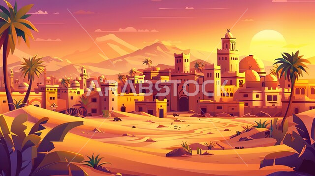 الهندسة الفنية المعمارية على الطراز التقليدي ،رسوم توضيحية لقرية قديمة في الصحراء عند غروب الشمس ، رسم كاريكاتوري للمدينة الرملية مع المنازل الصفراء التقليدية والقصر العتيق ومبنى مسجد المسلمين ،اماكن ومعالم سياحية مشهورة ، أشجار النخيل المحيطة بالقرى الخليجية التراثية