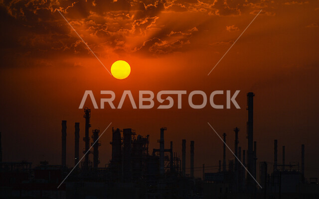 شروق الشمس من خلف مصفاة تكرير نفط جنوب مدينة الكويت 