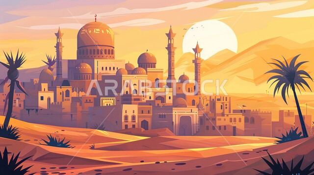  أشجار النخيل المحيطة بالقرى الخليجية التراثية ،رسوم توضيحية لقرية قديمة في الصحراء عند غروب الشمس ، رسم كاريكاتوري للمدينة الرملية مع المنازل الصفراء التقليدية والقصر العتيق ومبنى مسجد المسلمين ،اماكن ومعالم سياحية مشهورة ،  الهندسة الفنية المعمارية على الطراز التقليدي
