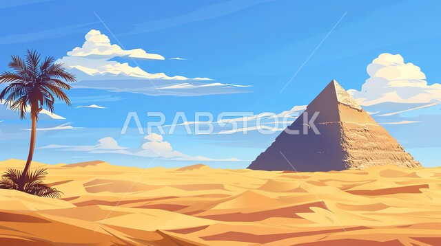 رسوم توضيحية  لهرم  مع اشجار النخيل في الصحراء، المناظر الطبيعية في الصحراء، الكثبان الرملية الذهبية، جمال الطبيعة في البيئة الصحراوية ،منظر السماء المليئة بالغيوم نهارا