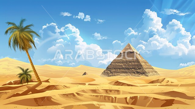 Soft golden sand dunes, illustrations of a pyramid with palm trees in the desert, desert landscape, natural beauty in the desert environment, view of the sky full of clouds during the day