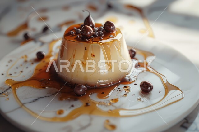 طبق من حلوى بودينغ المزين بفانيليا والكارميل، أطباق من الحلويات العربية الشرقية الشهية، فنون تقديم التحلية في مطاعم المملكة العربية السعودية، حلا بارد لذيذ