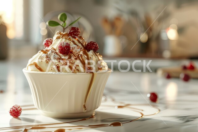 حلوى بالفانيليا والكراميل المزينة بحبات الفراولة ، أطباق من الحلويات العربية الشرقية الشهية، فنون تقديم التحلية في مطاعم المملكة العربية السعودية، حلا بارد لذيذ