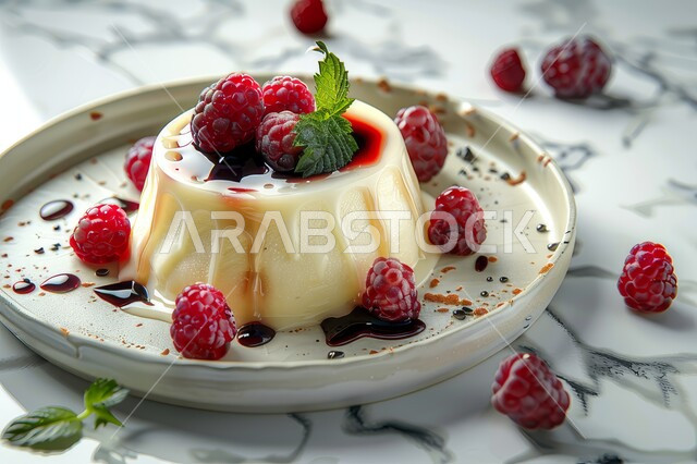 صحن من حلوى بودينغ المزين بحبات الفراولة ، أطباق من الحلويات العربية الشرقية الشهية، فنون تقديم التحلية في مطاعم المملكة العربية السعودية، حلا بارد لذيذ