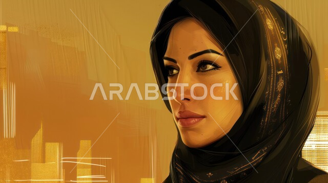 The concept of worship and getting closer to God Almighty, a close-up image of a smiling Saudi Gulf Arab woman wearing the hijab, adherence to the orders of the Islamic religion, colorful background