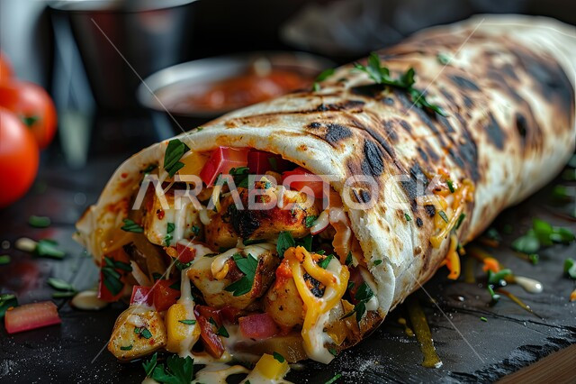 فنون التقديم في مطاعم وطابخ المملكة العربية السعودية،وجبات الطعام السريعة الشهية، المأكولات العربية الشرقية، صورة مقربة لساندويش شاورما الدجاج مع الخضراوات الطازجة، وصفات وأطعمة متميزة