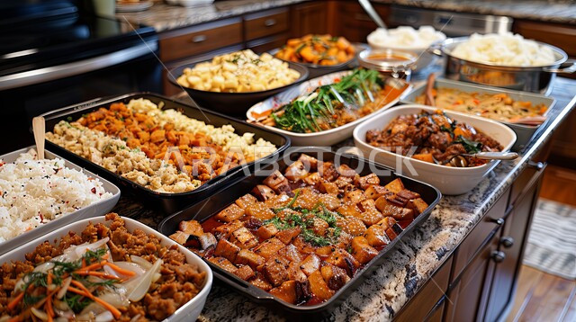 A dining table full of various Ramadan meals, kitchens and restaurants in the Kingdom of Saudi Arabia, feasts and invitations on holidays and occasions, a table of delicious traditional popular foods, types of delicious oriental Arab dishes and appetizers, the atmosphere of the holy month of Ramadan