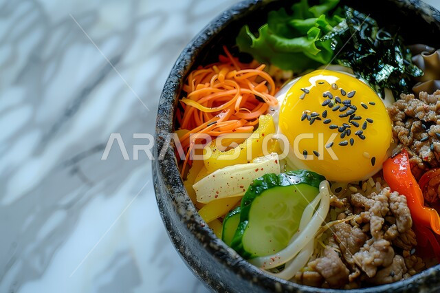 الأطعمة والمأكولات السريعة، طبق من الخضروات المقطعة المتنوعة الشعية مع بيض الأومليت, أطباق إفطار وعشاء تقليدية, غداء مغذي ومفيد مليء بالفوائد, فن تقديم وصفات الطعام المشبعة