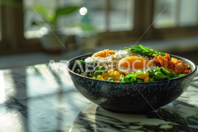 A nutritious and useful lunch full of benefits, a plate of various chopped vegetables with omelet eggs, fast foods and foods, traditional breakfast and dinner dishes, the art of presenting satisfying food recipes.