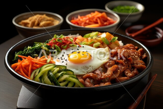 غداء مغذي ومفيد مليء بالفوائد, طبق من الخضروات المقطعة المتنوعة الشعية مع بيض الأومليت, الأطعمة والمأكولات السريعة، أطباق إفطار وعشاء تقليدية, فن تقديم وصفات الطعام المشبعة