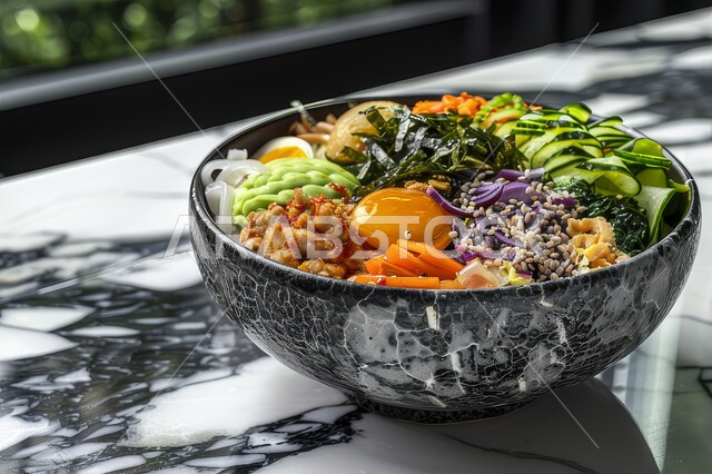 غداء مغذي ومفيد مليء بالفوائد, طبق من الخضروات المقطعة المتنوعة الشعية مع بيض الأومليت, الأطعمة والمأكولات السريعة، أطباق إفطار وعشاء تقليدية, فن تقديم وصفات الطعام المشبعة