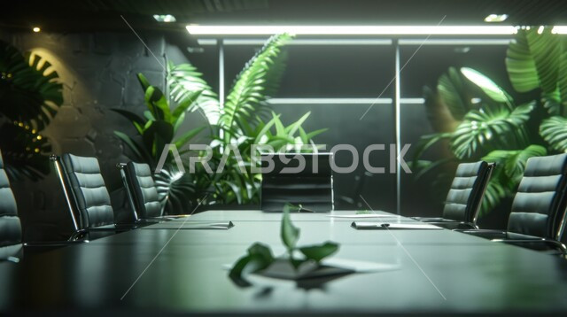 التصميم العصري الحديث للمكاتب في الشركات السعودية، قاعة اجتماعات واسعة مع طاولة محاطة بكراسي، غرف مكتبية بتصاميم وديكورات داخلية كلاسيكية