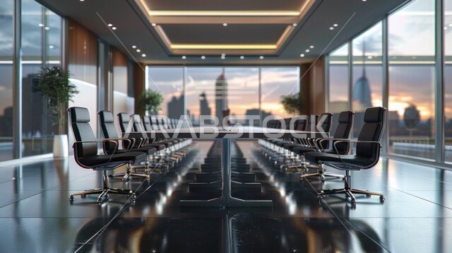 غرف مكتبية بتصاميم وديكورات داخلية كلاسيكية، قاعة اجتماعات واسعة مع طاولة محاطة بكراسي، التصميم العصري الحديث للمكاتب في الشركات السعودية