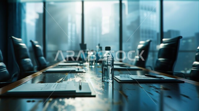 قاعة اجتماعات واسعة مع طاولة محاطة بكراسي، التصميم العصري الحديث للمكاتب في الشركات السعودية، غرف مكتبية بتصاميم وديكورات داخلية كلاسيكية