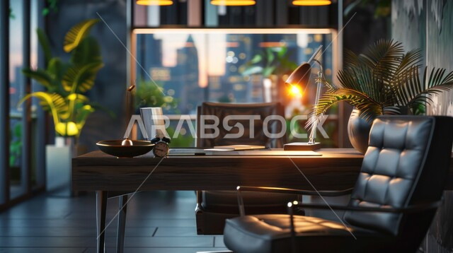 الفن الهندسي المعماري المتطور، غرف عمل مكتبية بتصاميم وديكورات داخلية راقية، تصميم عصري حديث لمكاتب الشركات السعودية، غرفة أعمال واسعة مجهزة بالمعدات والأدوات، واجهة زجاجية مطلة على الأبراج وناطحات السحاب 