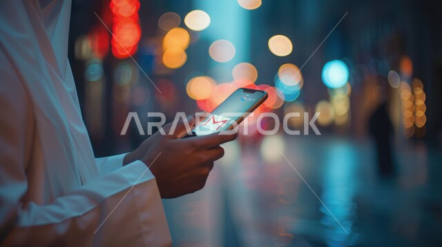 التواصل والدردشة مع الأصدقاء والأقارب عبر الجوال، استخدام الأجهزة التقنية والتكنولوجية الحديثة، صورة مقربة ليدي رجل عربي خليجي سعودي يرتدي الزي التقليدي يمسك بيده الهاتف المحمول، قضاء أوقات ممتعة، تصفح مواقع التواصل الاجتماعي