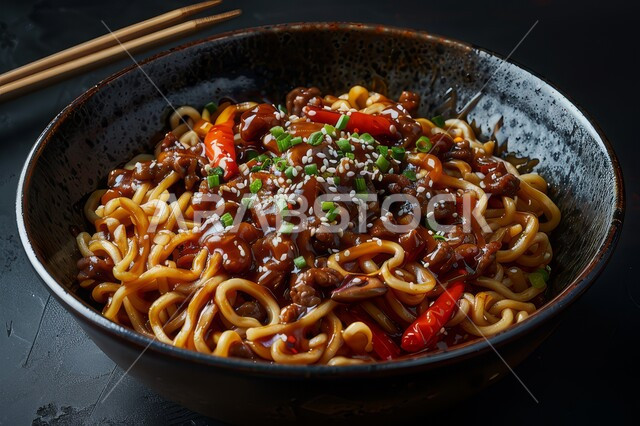  وجبات آسيوية شرقية, وعاء نودلز مزين بالخضروات والأعشاب والبهارات, طبق من المعكرونة الساخنة مغطاة بالصلصة الحارة, وجبات الطعام الشهية اللذيذة, فن تقديم الطعمة والمأكولات