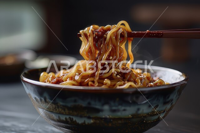  وجبات آسيوية شرقية, وعاء نودلز مزين بالخضروات والأعشاب والبهارات, طبق من المعكرونة الساخنة مغطاة بالصلصة الحارة, وجبات الطعام الشهية اللذيذة, فن تقديم الطعمة والمأكولات