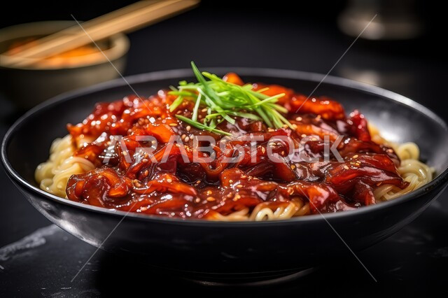 وجبات آسيوية شرقية, وعاء نودلز مزين بالخضروات والأعشاب والبهارات, طبق من المعكرونة الساخنة مغطاة بالصلصة الحارة, وجبات الطعام الشهية اللذيذة, فن تقديم الطعمة والمأكولات