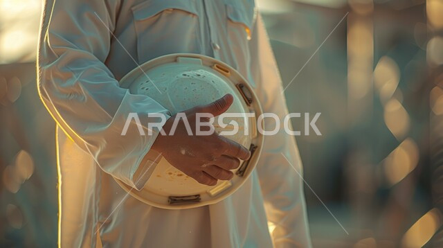Saudi engineering jobs and professions, completing work tasks and following up on the progress of the project, a close-up of the hand of a Saudi Arabian Gulf construction engineer holding a white protective helmet, supervising projects and following up on their progress