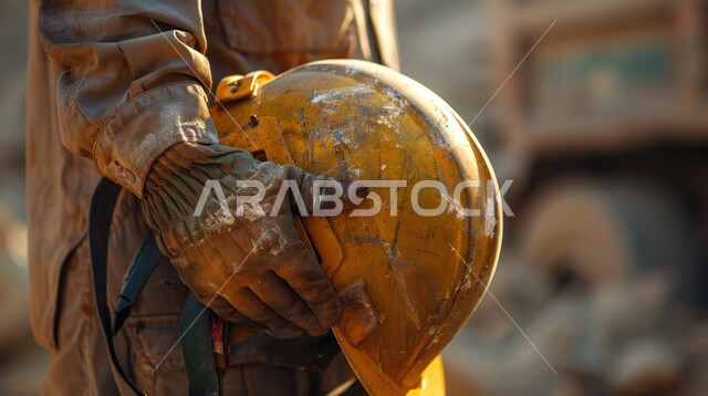 إنجاز مهام العمل ومتابعة سير المشروع، مهن ووظائف هندسية سعودية، صورة مقربة ليد مهندس بناء عربي خليجي سعودي يحمل خوذة الوقاية الصفراء, الإشراف على المشاريع ومتابعة سيرها