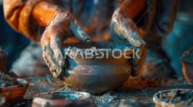 التراث الإسلامي القديم, الأواني الفخارية الشعبية, الحرف والصناعات اليدوية التقليدية, صورة مقربة ليدين تقوم بتشكيل وعاء فخاري المصنوع من الطين، منتجات وطنية محلية الصناعة في المملكة العربية السعودية