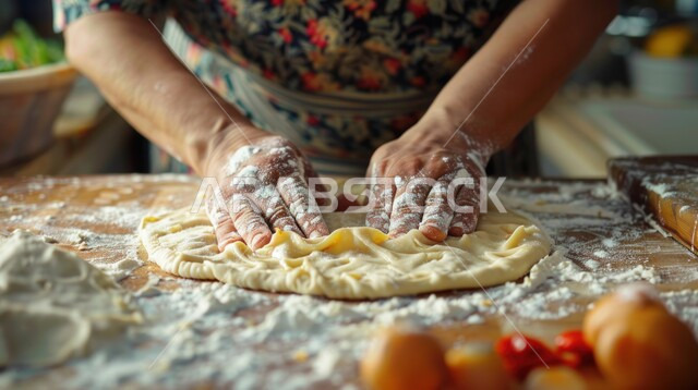 التجهيز والتحضير لصنع المخبوزات والمعجنات والكيك الشهي، مكونات الخبز وأدوات المطبخ صورة مقربة لايدي تقوم بعجن العجينة على قاعدة خشبية، صنع الحلويات المحلية المنزلية