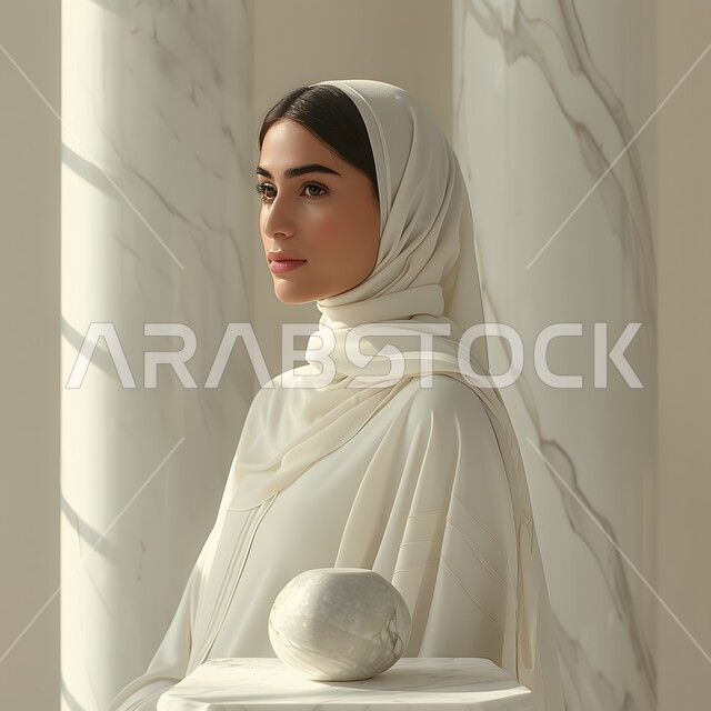 مفهوم الأنوثة والنعومة، الاهتمام بالمظهر الخارجي والأناقة، النظر إلى الكاميرا بايماءات الثقة بالنفس، صورة مقربة لامرأة عربية خليجية سعودية محجبة مبتسمة، ملابس محجبات عصرية راقية