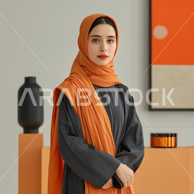 مفهوم الأنوثة والنعومة، الاهتمام بالمظهر الخارجي والأناقة، النظر إلى الكاميرا بايماءات الثقة بالنفس، صورة مقربة لامرأة عربية خليجية سعودية محجبة مبتسمة، ملابس محجبات عصرية راقية