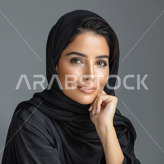 مفهوم الأنوثة والاهتمام بالمظهر الخارجي، بورتريه لامرأة عربية خليجية سعودية محجبة تنظر الى الكاميرا بإيماءات الثقة بالنفس، الوقوف باستقامة لالتقاط صورة شخصية للوثائق الرسمية، خلفية رمادية