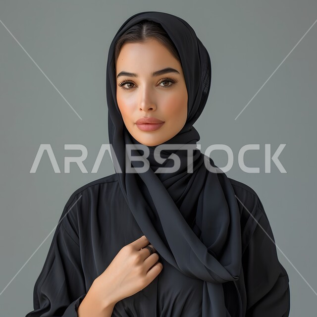 The concept of femininity and concern for external appearance, a portrait of a veiled Saudi Gulf Arab woman looking at the camera with gestures of self-confidence, standing upright to take a personal photo for official documents, gray background