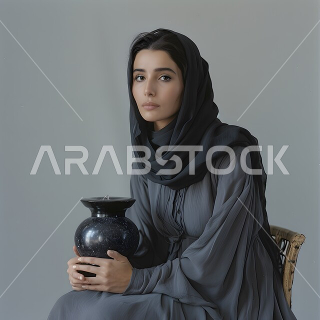 The concept of femininity and concern for external appearance, a portrait of a veiled Saudi Gulf Arab woman looking at the camera with gestures of self-confidence, standing upright to take a personal photo for official documents, gray background