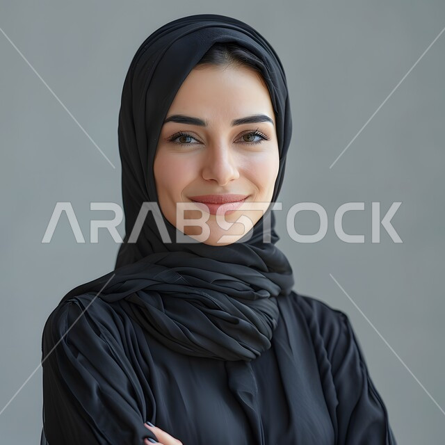 مفهوم الأنوثة والاهتمام بالمظهر الخارجي، بورتريه لامرأة عربية خليجية سعودية محجبة تنظر الى الكاميرا بإيماءات الثقة بالنفس، الوقوف باستقامة لالتقاط صورة شخصية للوثائق الرسمية، خلفية رمادية
