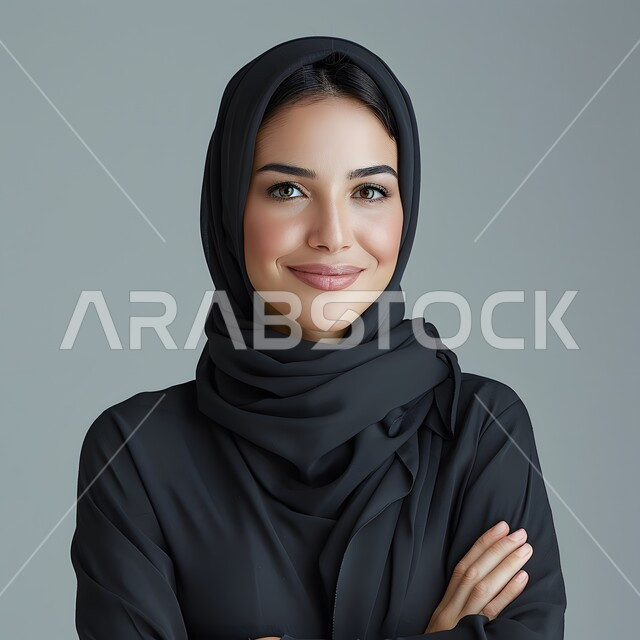 مفهوم الأنوثة والاهتمام بالمظهر الخارجي، بورتريه لامرأة عربية خليجية سعودية محجبة تنظر الى الكاميرا بإيماءات الثقة بالنفس، الوقوف باستقامة لالتقاط صورة شخصية للوثائق الرسمية، خلفية رمادية