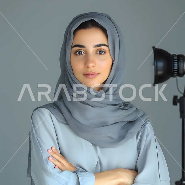 The concept of femininity and concern for external appearance, a portrait of a veiled Saudi Gulf Arab woman looking at the camera with gestures of self-confidence, standing upright to take a personal photo for official documents, gray background