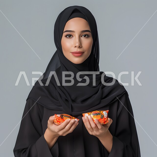 مفهوم الأنوثة والاهتمام بالمظهر الخارجي، بورتريه لامرأة عربية خليجية سعودية محجبة تنظر الى الكاميرا بإيماءات الثقة بالنفس، الوقوف باستقامة لالتقاط صورة شخصية للوثائق الرسمية، خلفية رمادية