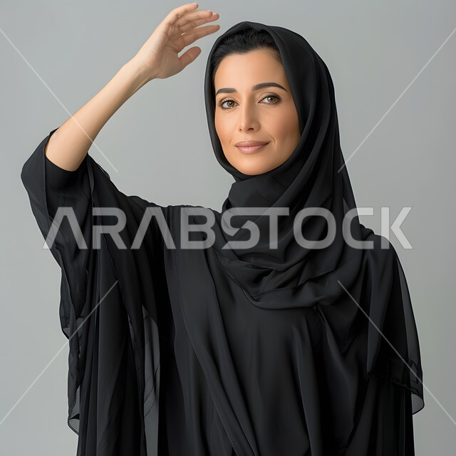 مفهوم الأنوثة والاهتمام بالمظهر الخارجي، بورتريه لامرأة عربية خليجية سعودية محجبة تنظر الى الكاميرا بإيماءات الثقة بالنفس، الوقوف باستقامة لالتقاط صورة شخصية للوثائق الرسمية، خلفية رمادية