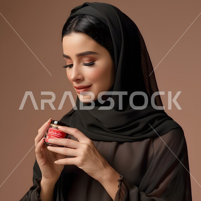 أزياء محجبات عصرية حديثة، الاهتمام بالأناقة والمظهر الخارجي، مفهوم النعومة و الأنوثة، بورتريه مقرب لإمرأة عربيه خليجيه سعودية مبتسمة ترتدي الحجاب تنظر إلى الكاميرا بإيماءات الثقه بالنفس، خلفية بيج