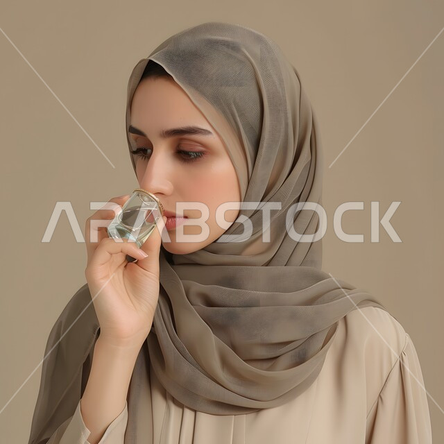 أزياء محجبات عصرية حديثة، الاهتمام بالأناقة والمظهر الخارجي، مفهوم النعومة و الأنوثة، بورتريه مقرب لإمرأة عربيه خليجيه سعودية مبتسمة ترتدي الحجاب تنظر إلى الكاميرا بإيماءات الثقه بالنفس، خلفية بيج