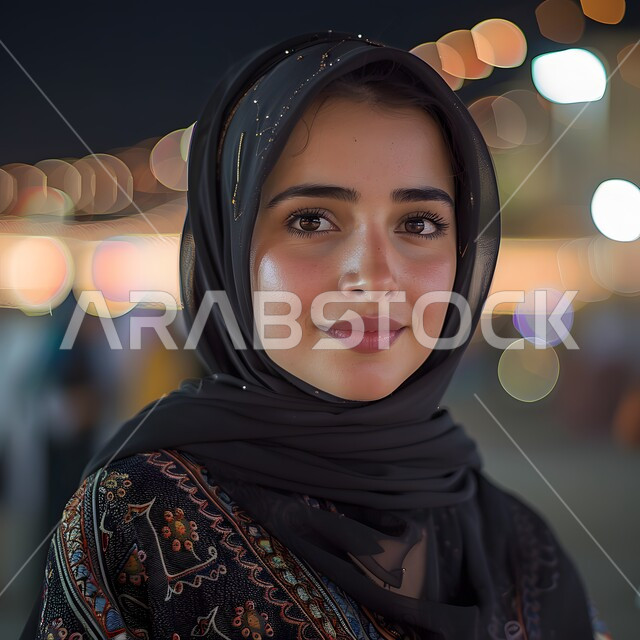  ملابس محجبات عصرية راقية، مفهوم الأنوثة والنعومة، الاهتمام بالمظهر الخارجي والأناقة، صورة مقربة لامرأة عربية خليجية سعودية محجبة مبتسمة تنظر إلى الكاميرا بايماءات الثقة بالنفس