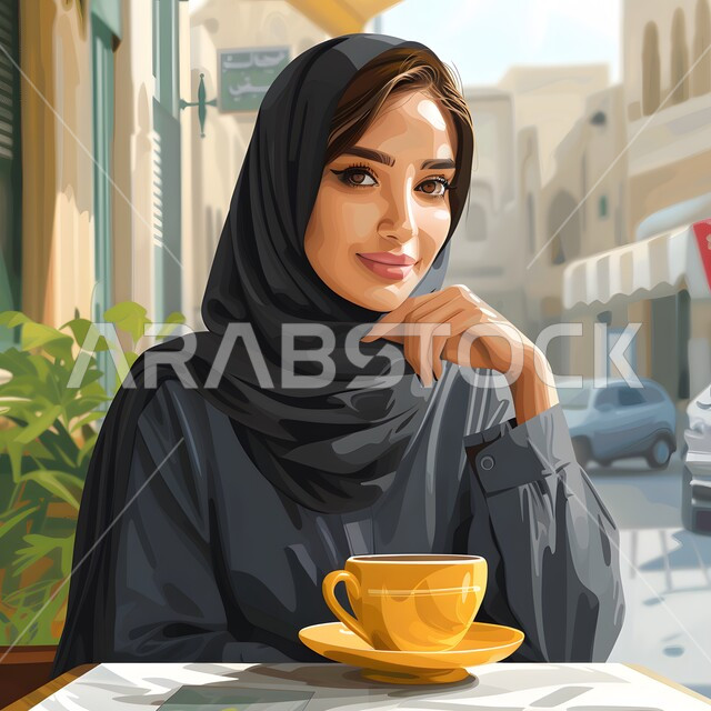 ملابس محجبات عصرية راقية، مفهوم الأنوثة والنعومة، الاهتمام بالمظهر الخارجي والأناقة، صورة مقربة لامرأة عربية خليجية سعودية محجبة مبتسمة تنظر إلى الكاميرا بايماءات الثقة بالنفس